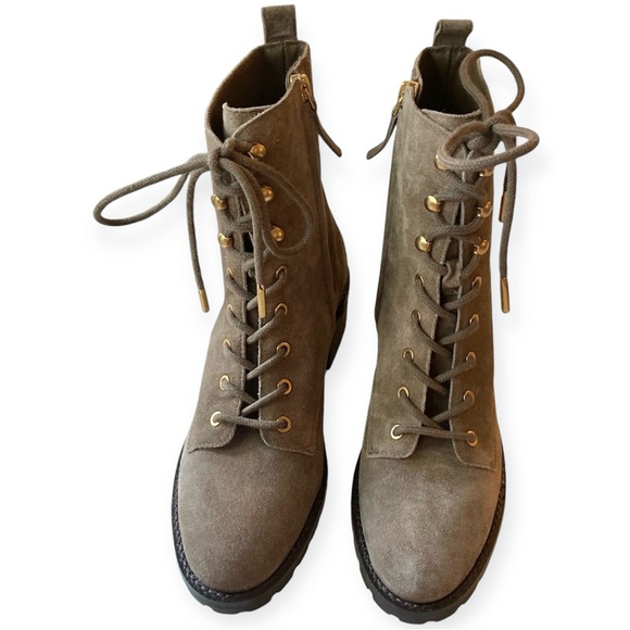 Tory Burch Suede Combat Lug Sole Lace Up Boots Nat River Rock Brown 85071 Gold - Picture 7 of 12